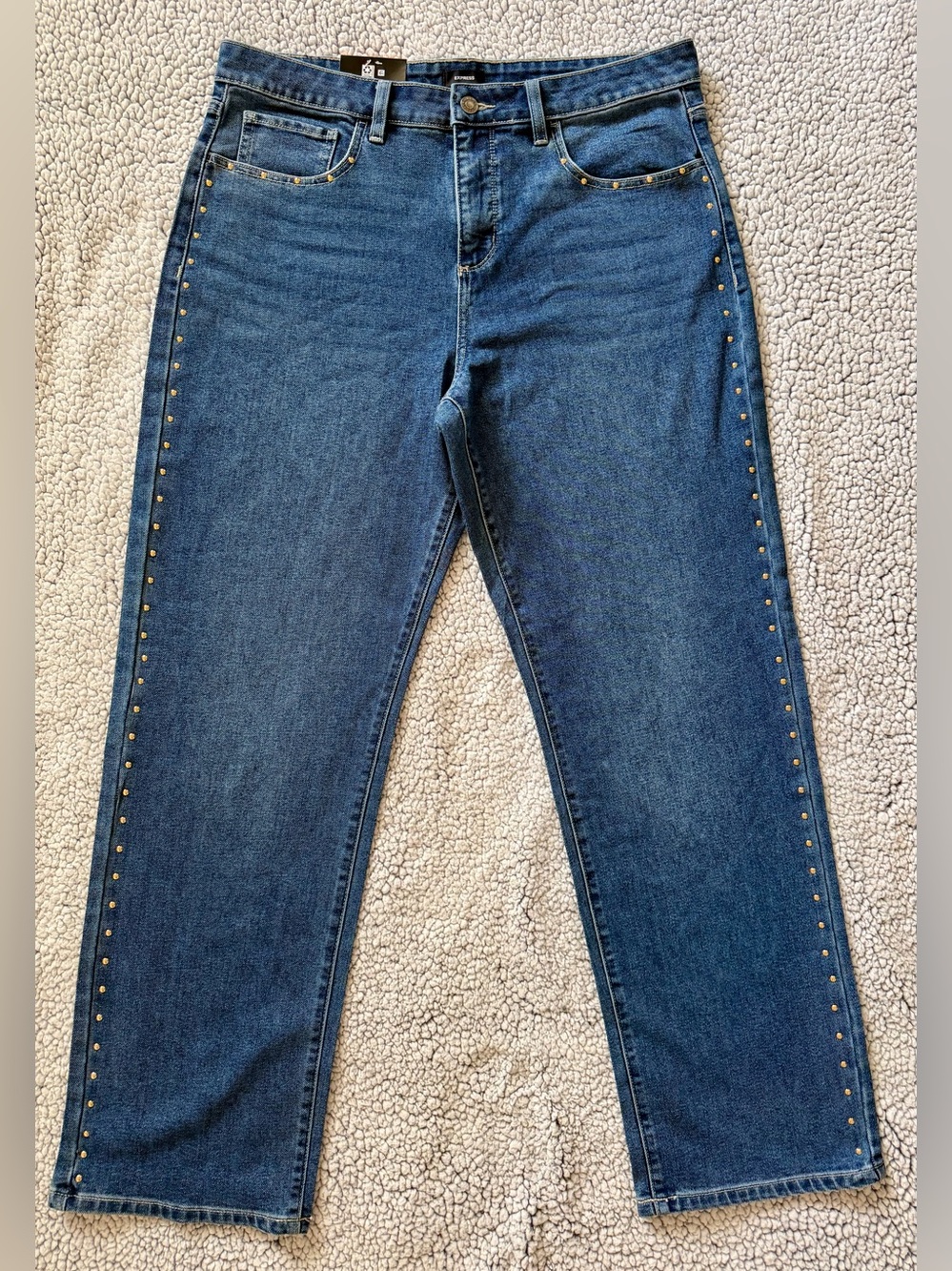 Express Dark Blue Cropped Denim Jeans with Gold Stud Trim